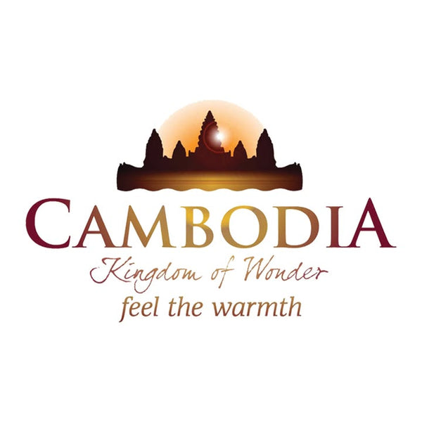 Logo of Cambodia with a sunset over a silhouette of Angkor Wat, text 'Cambodia Kingdom of Wonder feel the warmth' on a white background.