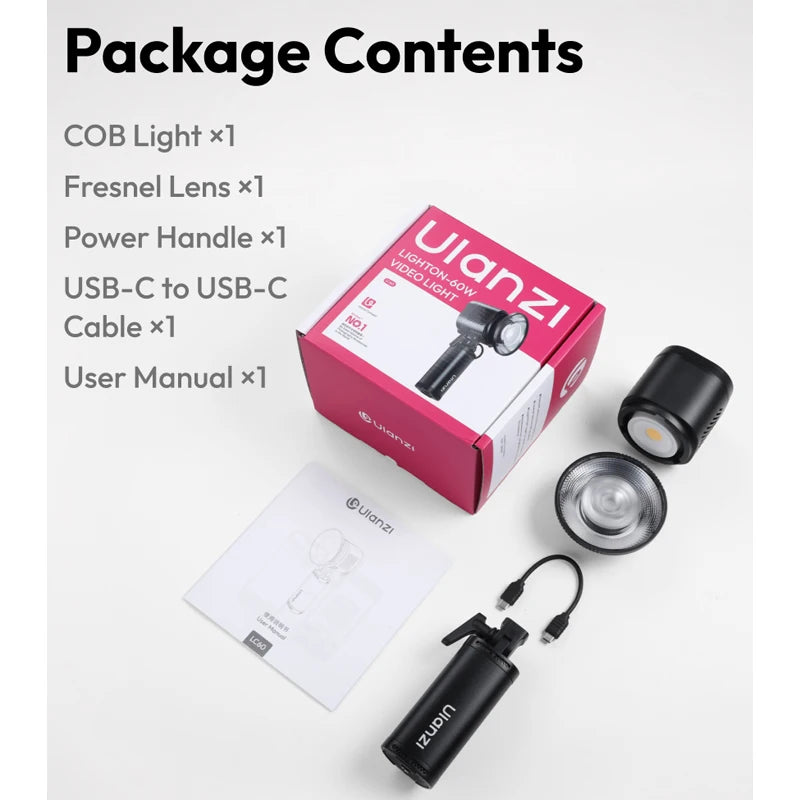 ភ្លើងវីដេអូ Ulanzi LC60 60W ចល័ត LightOn COB ជាមួយចំណុចទាញ Mini Bowens 2700-6500K ភ្លើង LED សម្រាប់ស្ទូឌីយោ APP Control