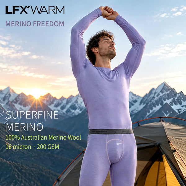 52025 Men's 100% Australian Merino Wool Thermal Underwear – Superfine 16 Micron Wool, All-Season Comfort & Outdoor Performance