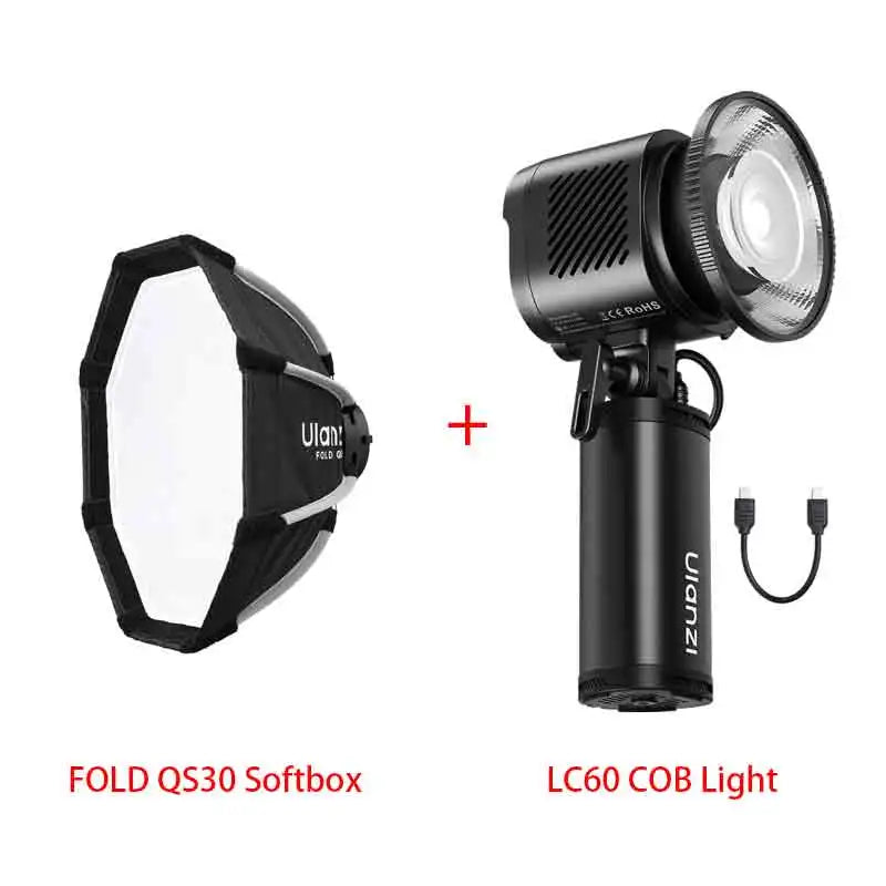 ភ្លើងវីដេអូ Ulanzi LC60 60W ចល័ត LightOn COB ជាមួយចំណុចទាញ Mini Bowens 2700-6500K ភ្លើង LED សម្រាប់ស្ទូឌីយោ APP Control