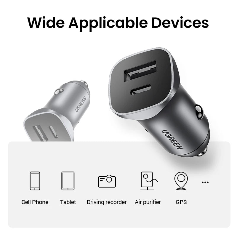 UGREEN 24W Car Charger Dual Port QC 4.0 3.0 Fast Charging For iPhone 17 16 15 Xiaomi Huawei Samsung Supercharge Type C Charger