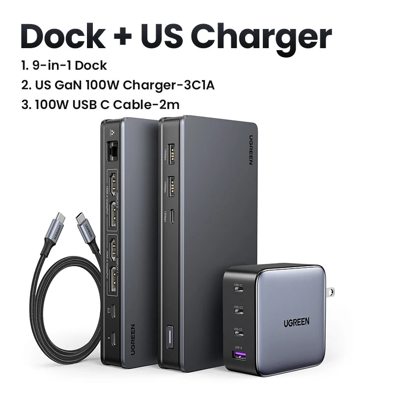 UGREEN USB C HUB Docking Station DisplayLink 9-in-1 2DP 2HDMI Dual 4K@60Hz for MacBook Windows 10Gbps PD100W Gigabit RJ45 Ports