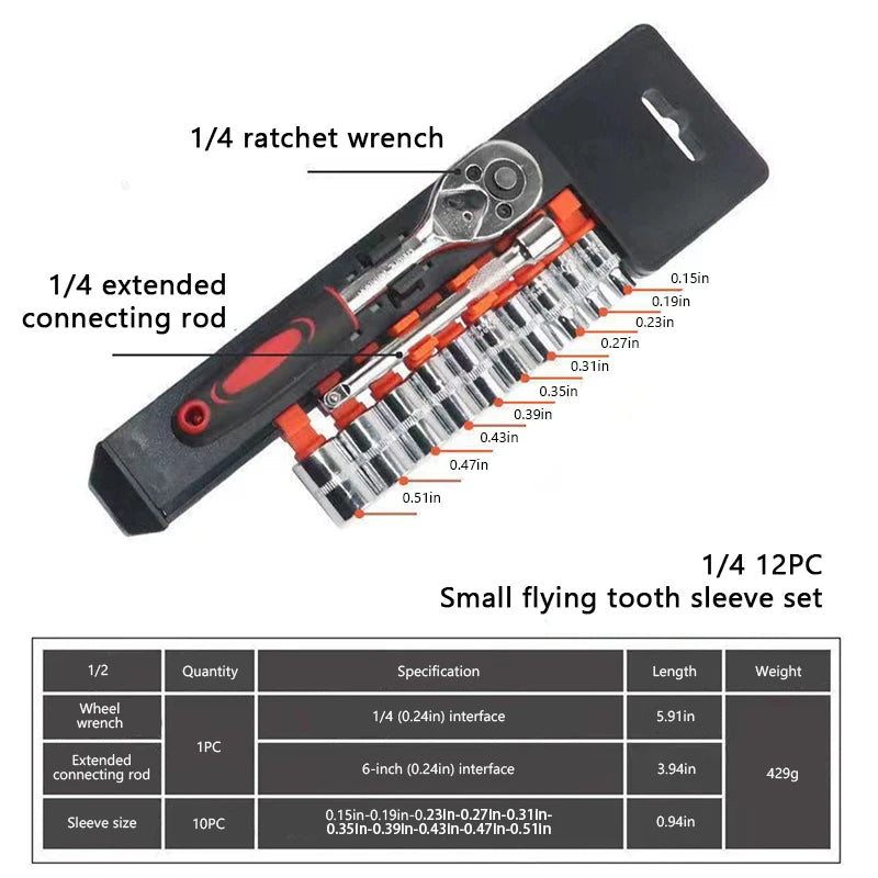 SEAMETAL 12Pcs 1/4 Inch Ratchet Socket Wrench Set Upgrade Wrench Socket Set Hardware Car Boat Motorcycle Bicycle Repairing Tools