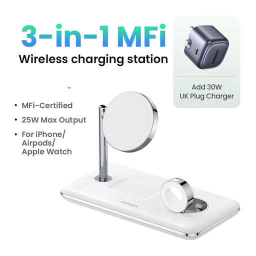 UGREEN MFi for Magsafe 25W Wireless Charger Stand 15W 3-in-1 Charging Station For iPhone 15 14 Pro Max For Apple Watch AirPods Add 30W UK Charger CN