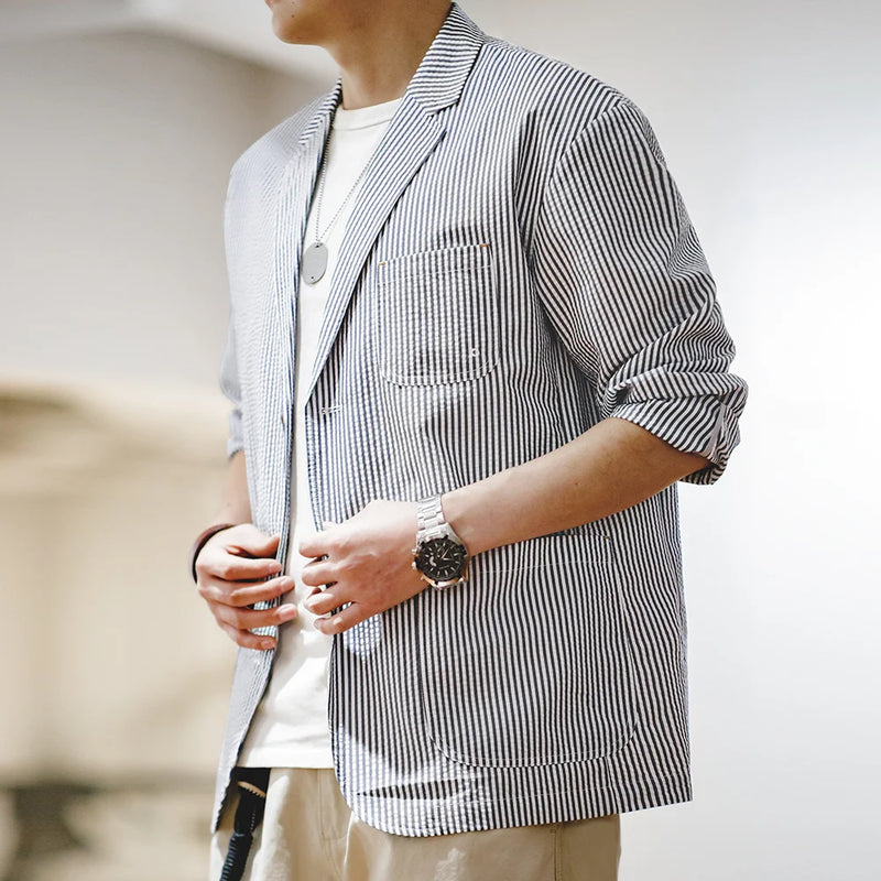 អាវធំ Maden ថ្មីបែប Vintage Casual Seersucker ឆ្នូតៗ Cityboy Flat Lapel អាវក្រៅរលុងសម្រាប់បុរសនិទាឃរដូវ និងរដូវស្លឹកឈើជ្រុះ