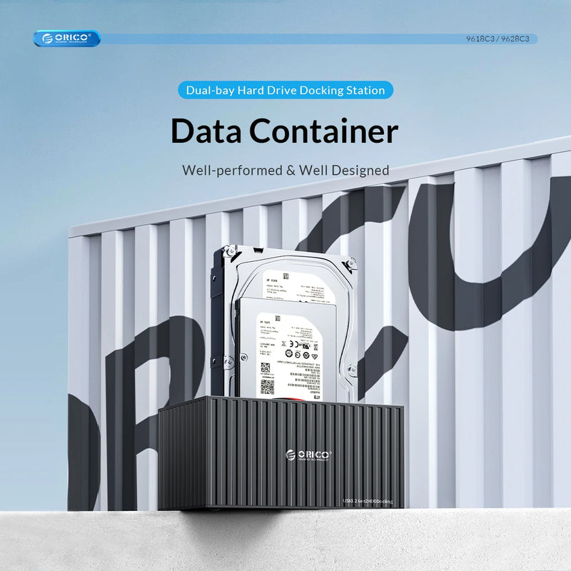 ORICO-Dual-Bay Docking Station, Type-C, 5Gbps, 2.5 ", 3.5" HDD, SSD, 12V, 3A Power, UASP Container Design 10Gbps type-c cable