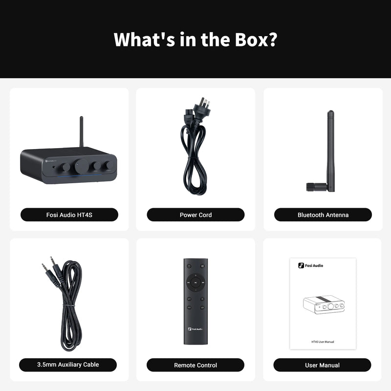 ឧបករណ៍ពង្រីកសំឡេង Fosi Audio HT4S Bluetooth 4.1 សម្រាប់ផ្ទះ, ឧបករណ៍ពង្រីកសំឡេងក្រៅផ្ទះ, ឧបករណ៍ពង្រីកសំឡេងលើតុខ្នាតតូច, ឧបករណ៍ពង្រីកសំឡេងបាស ៤ ឆានែលសម្រាប់ឧបករណ៍បំពងសម្លេង