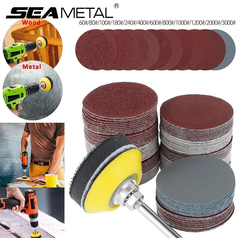 SEAMETAL 120Pcs 50mm Sandpaper Assortment 60-3000 Grit Sanding Disc Pad Set 2Inch with Disk Pole Cushion Car Accessories
