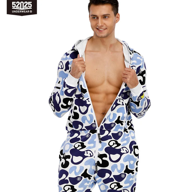 52025 Men’s Hooded Jumpsuit – One-Piece Cotton Pajamas, Comfortable Hooded Lounge Onesie for Men. Relax in Style and Comfort