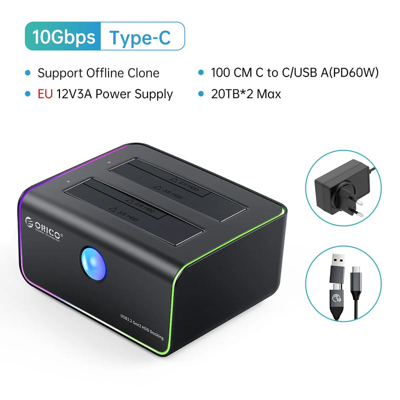 ORICO-Dual-Bay Docking Station, Type-C, 5Gbps, 2.5 ", 3.5" HDD, SSD, 12V, 3A Power, UASP Container Design 10Gbps type-c cable