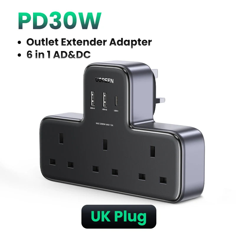 UGREEN 30W UK Plug Desktop Charger Power Strip Outlet Extension Adapter For iPhone 17 16 Pro Max Xiaomi Wall Fast Charger AD DC