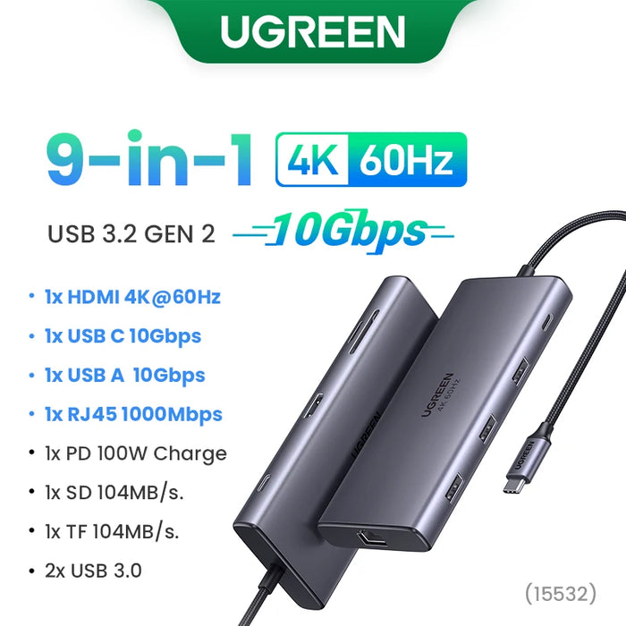 UGREEN 10Gbps USB C HUB 4K60Hz Type C to HDMI RJ45 Ethernet PD100W for MacBook iPad Huawei Sumsang PC Tablet Phone USB 3.0 HUB 10Gbps 9-in-1 4K60Hz CHINA
