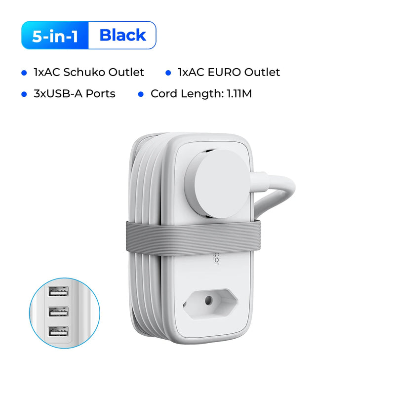 ORICO EU Plug Travel Power Strip with 2AC 3USB Port 1.1M Extension Cable 5-In-1 Charging Smart Socket for Home/Travel Save Space