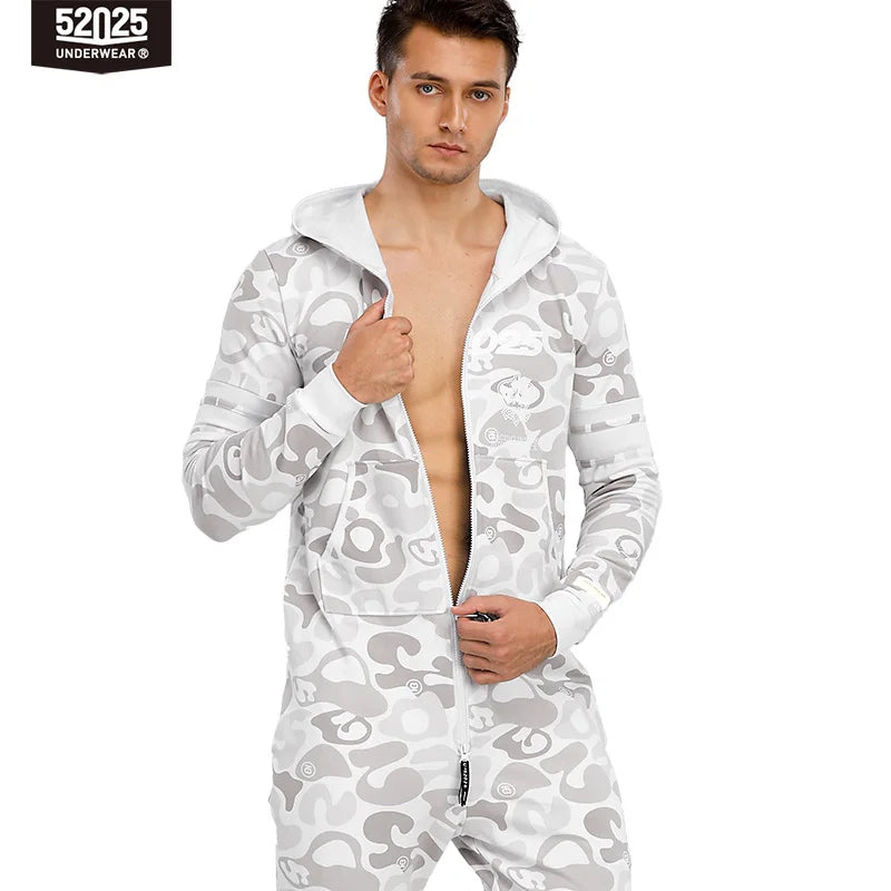 52025 Men’s Hooded Jumpsuit – One-Piece Cotton Pajamas, Comfortable Hooded Lounge Onesie for Men. Relax in Style and Comfort