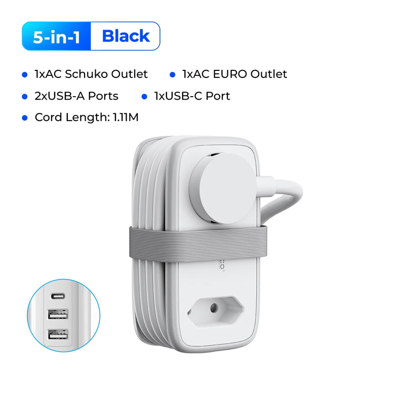 ORICO EU Plug Travel Power Strip with 2AC 3USB Port 1.1M Extension Cable 5-In-1 Charging Smart Socket for Home/Travel Save Space