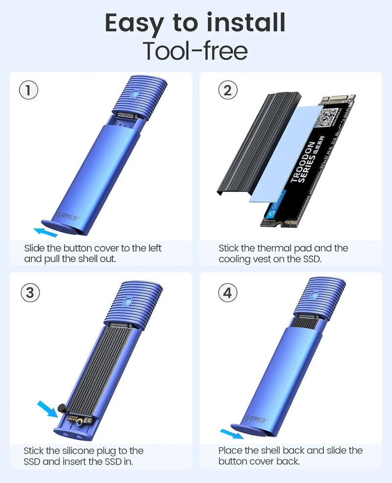 ORICO M.2 NVMe SATA SSD Enclosure Adapter Tool-Free USB C 3.2 Gen 2 10Gbps NVMe 5Gbps NGFF SATA PCIe with Metal Heat Sink