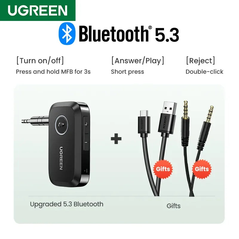 UGREEN Bluetooth Car Receiver Adapter 3.5mm AUX Jacks for Car Speakers Audio Music Receiver Hands Free Bluetooth 5.3 Adapter