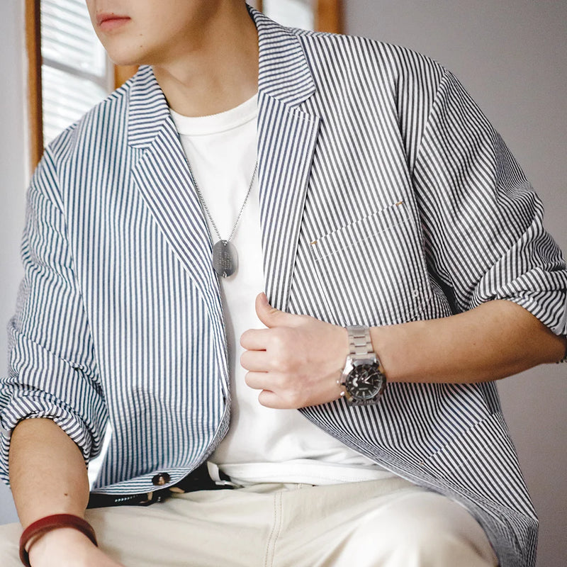 អាវធំ Maden ថ្មីបែប Vintage Casual Seersucker ឆ្នូតៗ Cityboy Flat Lapel អាវក្រៅរលុងសម្រាប់បុរសនិទាឃរដូវ និងរដូវស្លឹកឈើជ្រុះ