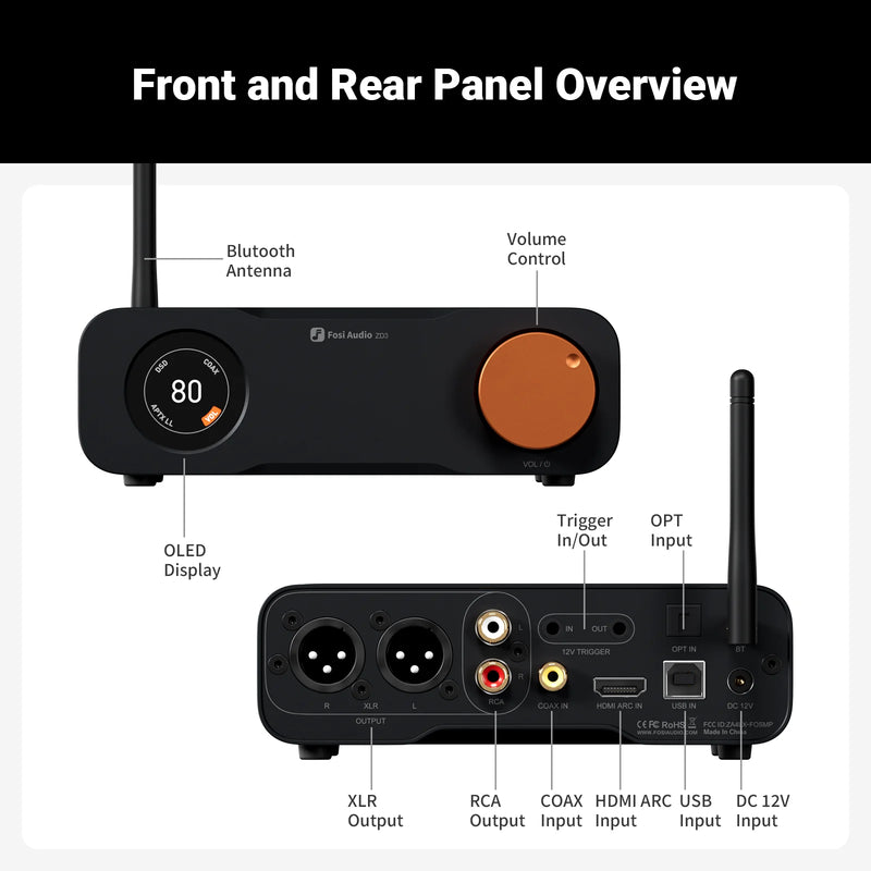 Fosi Audio ZD3 ប៊្លូធូស USB Desktop DAC ARC Input, ES9039Q2M ឧបករណ៍ឌិកូដឌីជីថលដែលមានតុល្យភាពពេញលេញសម្រាប់ឧបករណ៍ពង្រីកសំឡេងស្តេរ៉េអូជាមួយឧបករណ៍បញ្ជាពីចម្ងាយ