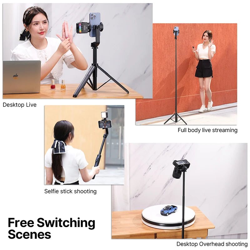 Ulanzi SK-03 ឧបករណ៍បញ្ជាពីចម្ងាយឥតខ្សែ Tripod Selfie Stick ពង្រីកអតិបរមា 1.6 ម៉ែត្រ ជាមួយនឹងឧបករណ៍កាន់ទូរស័ព្ទ 360° 1/4'' Screw Adapter សម្រាប់ Vlog