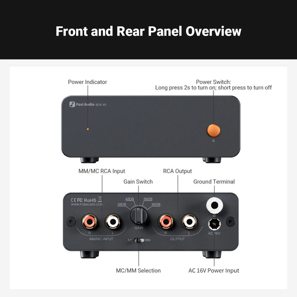 ឧបករណ៍បំពងសំឡេង Fosi Audio BOX X5 HIFI Phono Preamplifier Mini Home Audio សម្រាប់ MM/MC Cartridge Turntable RIAA Preamplifier Compact ជាមួយ V