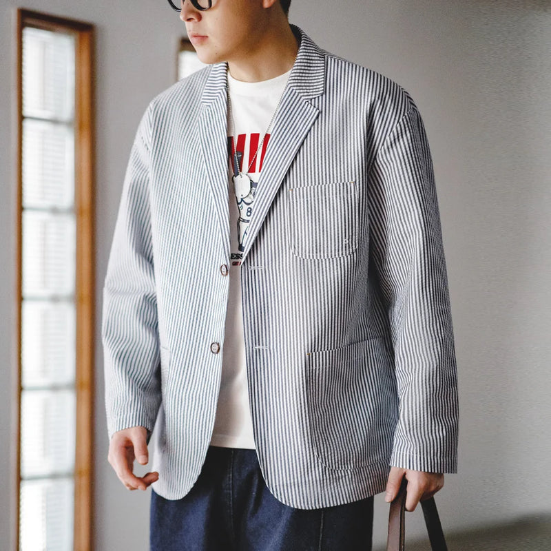 អាវធំ Maden ថ្មីបែប Vintage Casual Seersucker ឆ្នូតៗ Cityboy Flat Lapel អាវក្រៅរលុងសម្រាប់បុរសនិទាឃរដូវ និងរដូវស្លឹកឈើជ្រុះ
