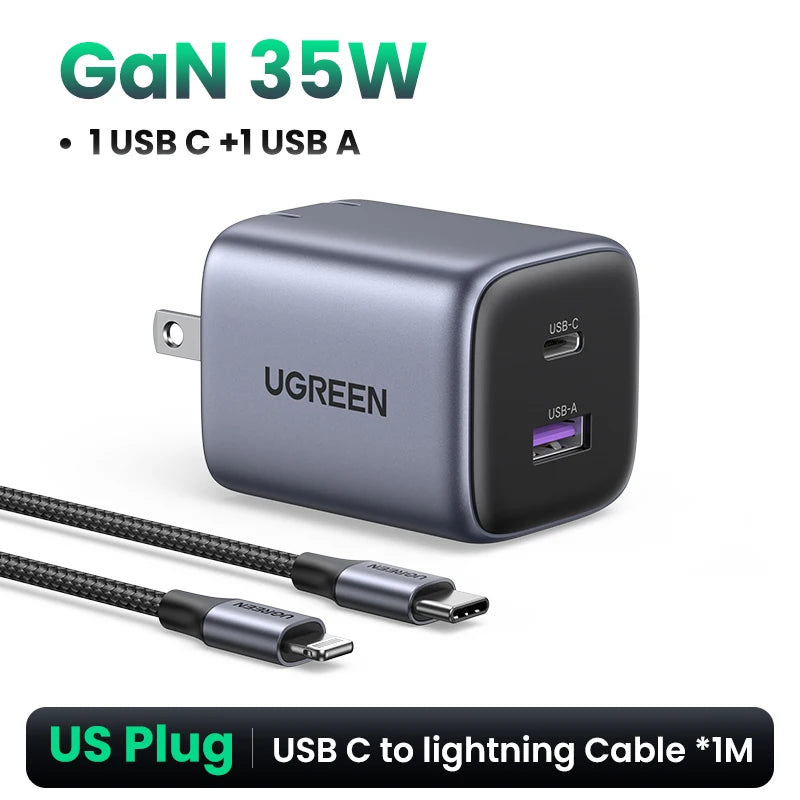 UGREEN GaN 35W Charger USB Charger PD3.0 QC3.0 Quick Charger For iPhone 17 16 15 Pro Samsung Xiaomi iPad Pro USB C Fast Charger