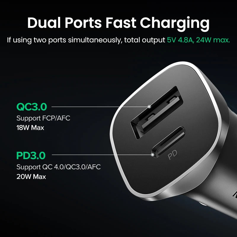 UGREEN 24W Car Charger Dual Port QC 4.0 3.0 Fast Charging For iPhone 17 16 15 Xiaomi Huawei Samsung Supercharge Type C Charger