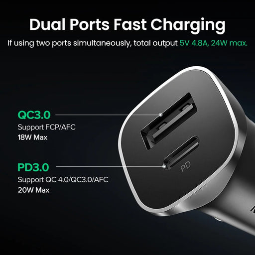 UGREEN 20W Car Charger Dual Port QC 4.0 3.0 Fast Charging For iPhone 15 14 13 Xiaomi Huawei Samsung Supercharge Type C Charger