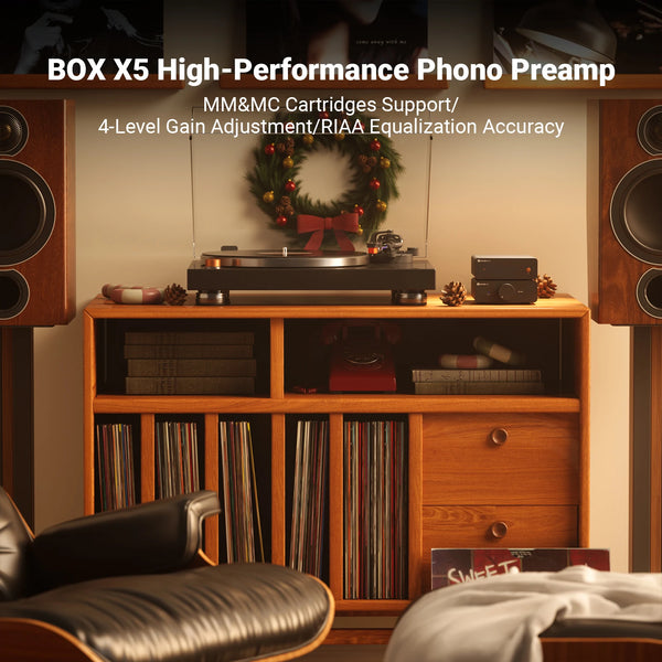 ឧបករណ៍បំពងសំឡេង Fosi Audio BOX X5 HIFI Phono Preamplifier Mini Home Audio សម្រាប់ MM/MC Cartridge Turntable RIAA Preamplifier Compact ជាមួយ V