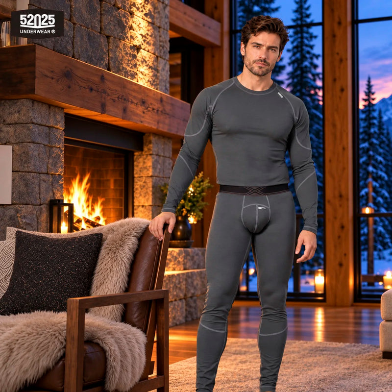 52025 Men's Premium Thermal Underwear Set – Double-Sided Brushed Fabric, Lightweight Warmth & Second-Skin Comfort