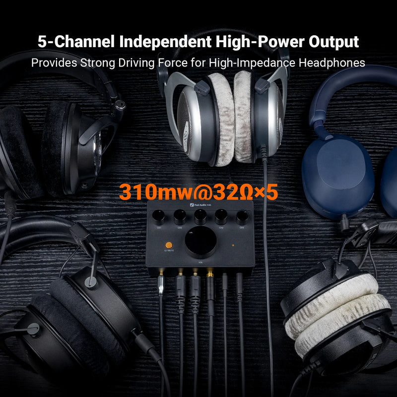 ឧបករណ៍ពង្រីកសំឡេងកាស Fosi Audio PH05 5 ឆានែល, ឧបករណ៍ពង្រីកសំឡេងលើតុខ្នាតតូច ជាមួយចំណុចប្រទាក់អូឌីយ៉ូ Podcast Monitor គាំទ្រ 16-300 Ω ជាមួយ 12V