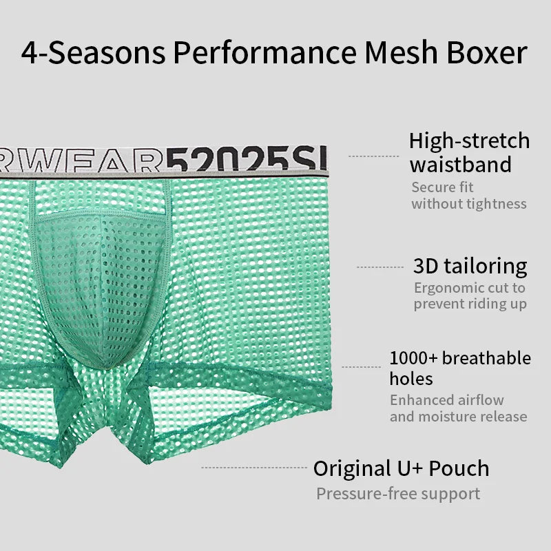 52025 Men's Cooling Mesh Premium Boxers – U+ Anatomical Pouch, Lightweight Airflow and Ultra-Breathable Comfort
