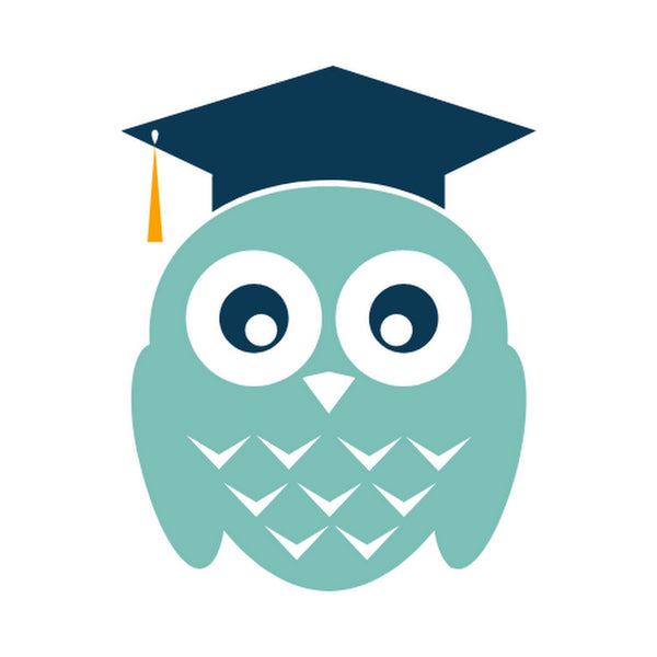 Green owl wearing a blue graduation cap on a white background