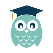 Green owl wearing a blue graduation cap on a white background
