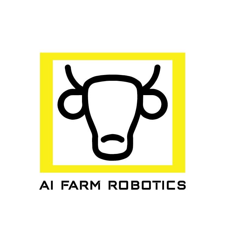 A minimalist logo featuring a black outline of a cow's face inside a bright yellow square, with the text 'AI FARM ROBOTICS' in black below on a white background.