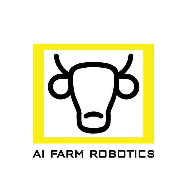 A minimalist logo featuring a black outline of a cow's face inside a bright yellow square, with the text 'AI FARM ROBOTICS' in black below on a white background.