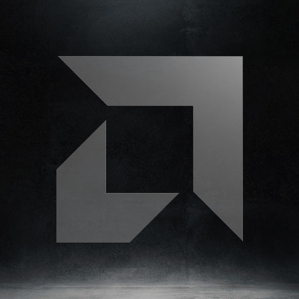 Black geometric logo on a dark background