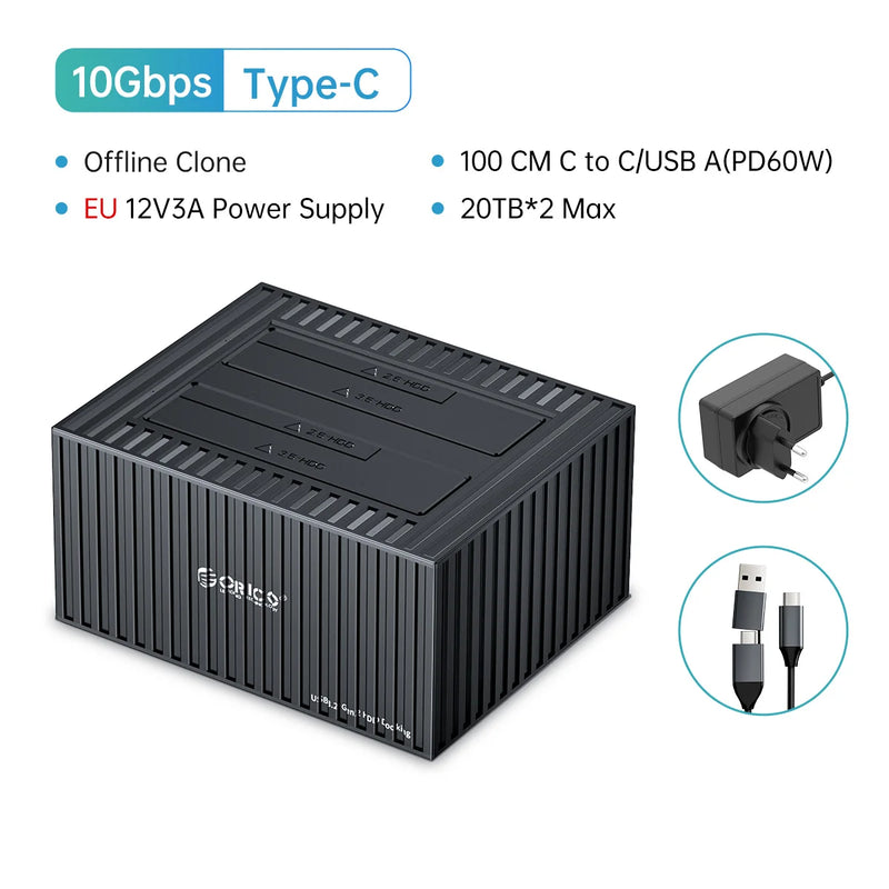 ORICO-Dual-Bay Docking Station, Type-C, 5Gbps, 2.5 ", 3.5" HDD, SSD, 12V, 3A Power, UASP Container Design 10Gbps type-c cable