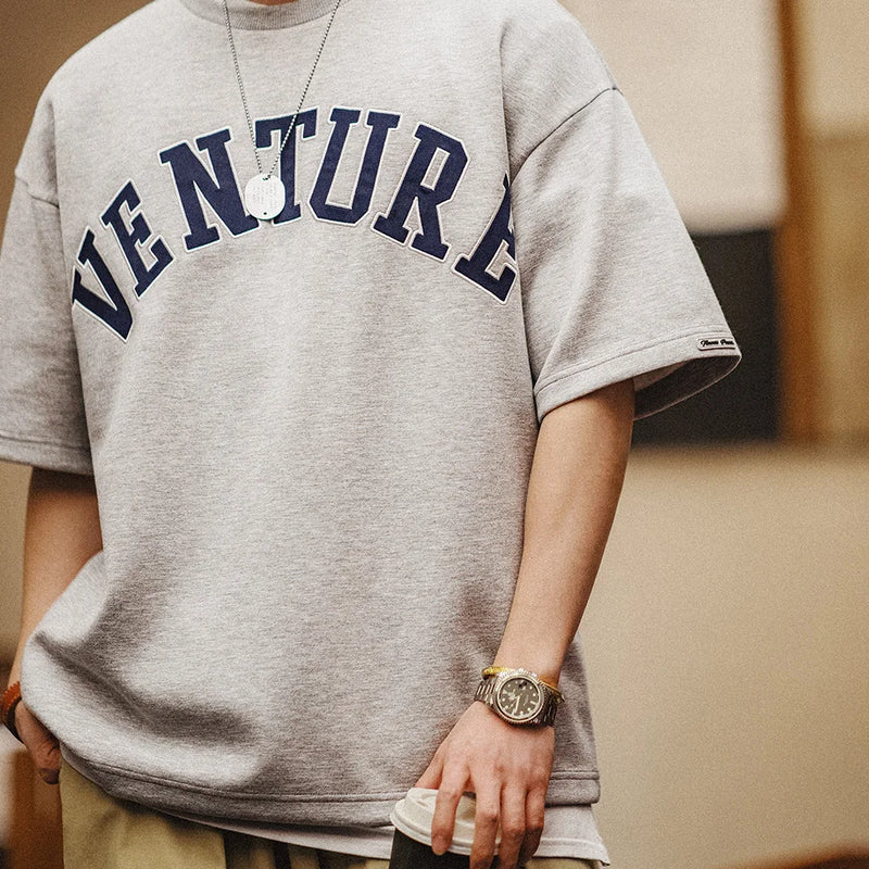 Maden 2024 New Retro Layer Letter Embroidery T-shirt Loose 320g/m² Heavyweight Round Neck Short-sleeved for Men's Summer