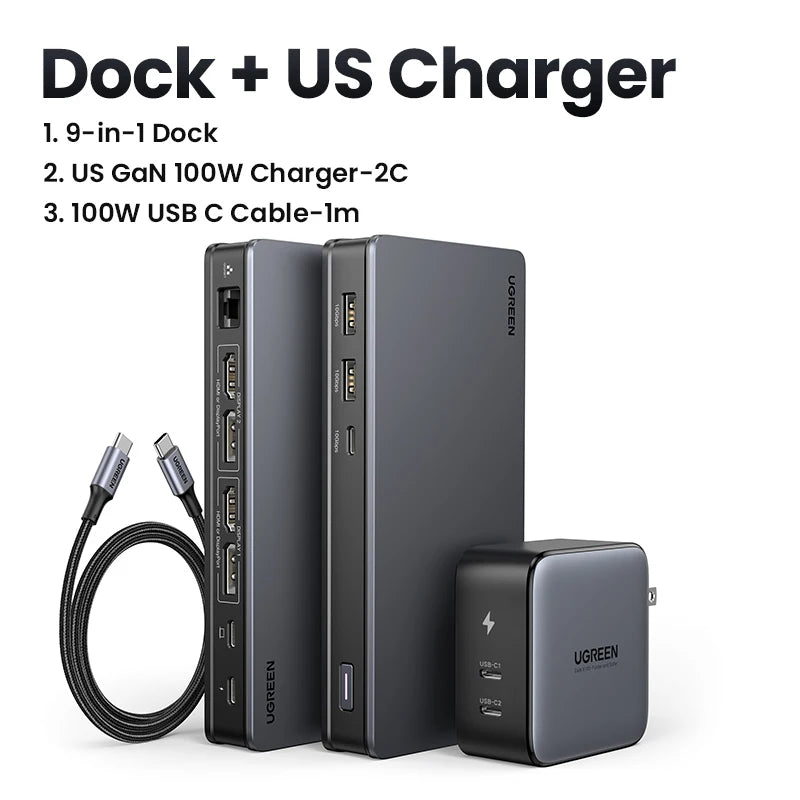 UGREEN USB C HUB Docking Station DisplayLink 9-in-1 2DP 2HDMI Dual 4K@60Hz for MacBook Windows 10Gbps PD100W Gigabit RJ45 Ports