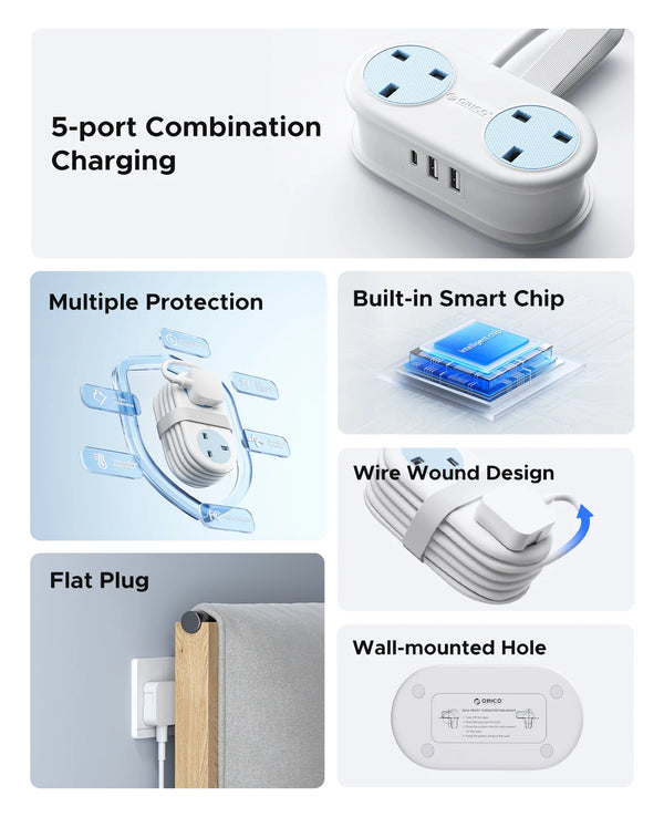 ORICO UK Plug Electrical Power Strip with  Multiple 2 AC Outlets 2 USB Port 1 Type C Port 1.2M Extension Cord Portable Travel