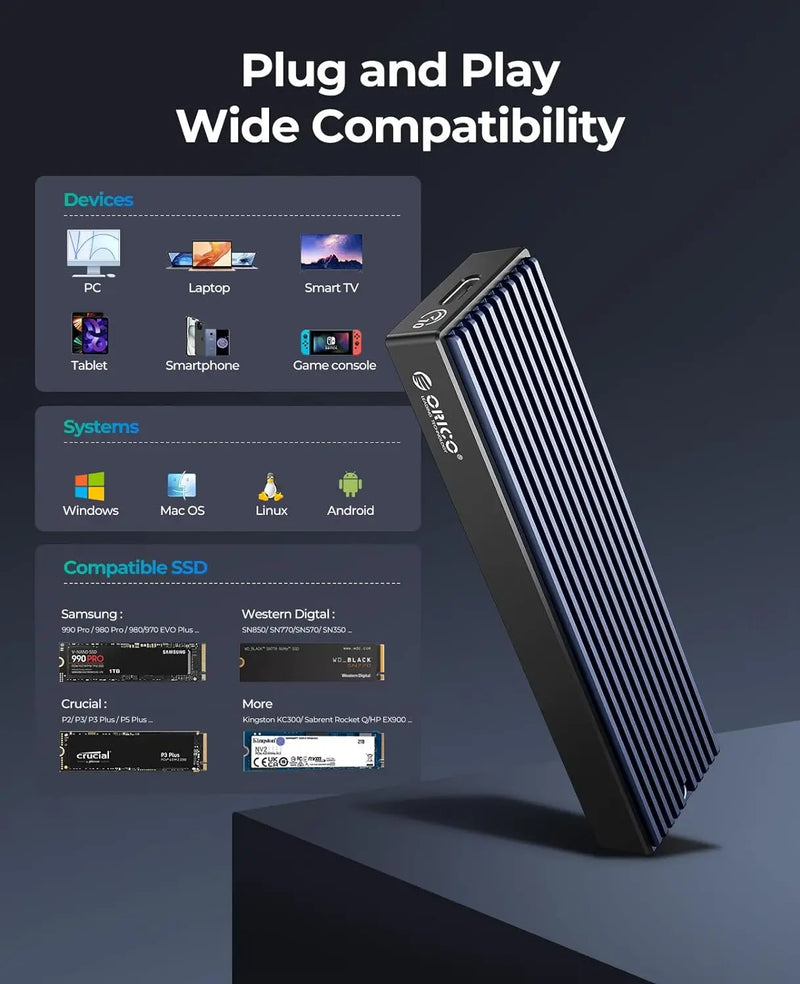 ORICO M.2 NVMe SATA SSD Enclosure USB 3.1 Gen 2 10 Gbps to NVMe PCI-E M.2 SSD Case Portable External Adapter Support UASP