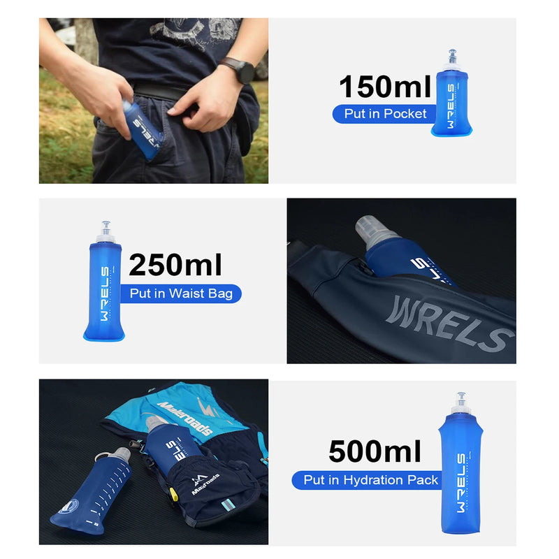 WRELS Outdoor Sport Water Bottle Foldable Silicone Soft TPU Flask Water Bag Camping Running Hiking Cycling Portable Water Bottle