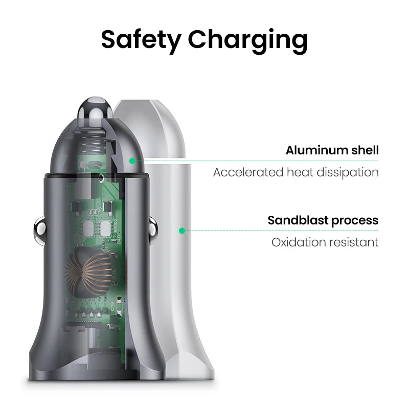UGREEN 24W Car Charger Dual Port QC 4.0 3.0 Fast Charging For iPhone 17 16 15 Xiaomi Huawei Samsung Supercharge Type C Charger