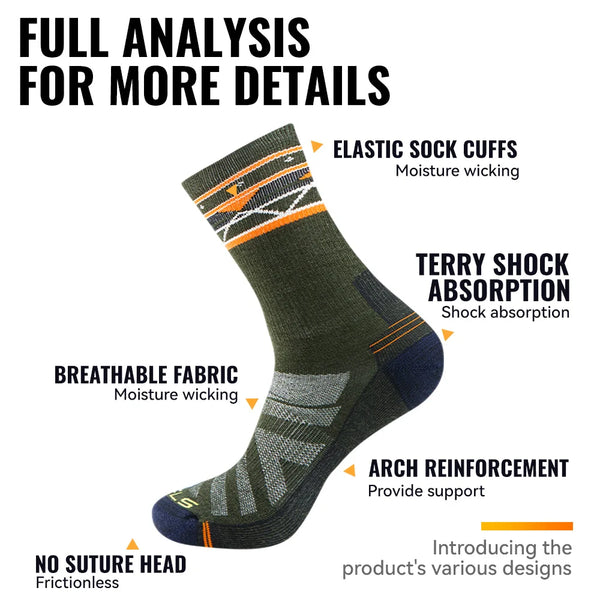 WRELS 1/2/3 Pairs Merino Wool Hiking Socks Moisture Wicking Crew Socks Arch Support Thermal Cushioned Outdoor Trekking Socks
