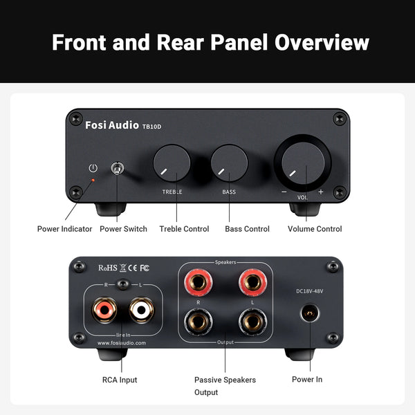 ឧបករណ៍ពង្រីកសំឡេង Fosi Audio Upgrade 600W Digtal HiFi Sound Power Amplifier TPA3255 Class D Stereo Amp ជាមួយនឹង Treble និង Bass សម្រាប់ឧបករណ៍បំពងសម្លេង Home Theater