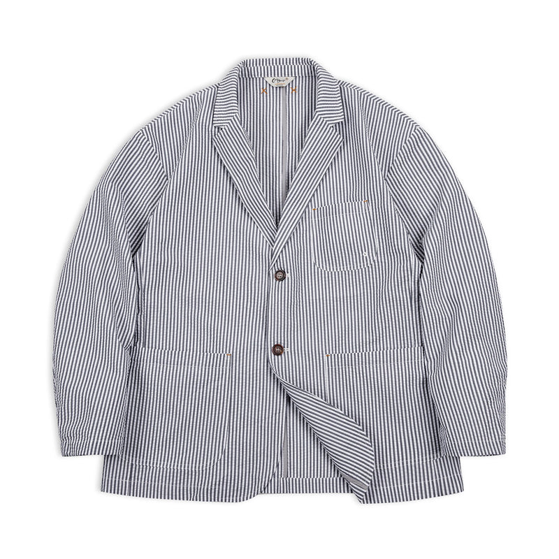 អាវធំ Maden ថ្មីបែប Vintage Casual Seersucker ឆ្នូតៗ Cityboy Flat Lapel អាវក្រៅរលុងសម្រាប់បុរសនិទាឃរដូវ និងរដូវស្លឹកឈើជ្រុះ