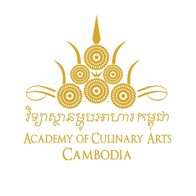 Logo of the Academy of Culinary Arts Cambodia with gold design elements on a white background