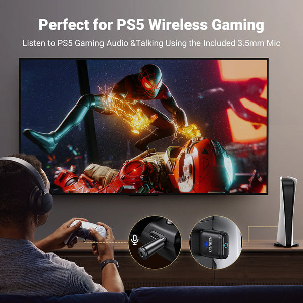 ឧបករណ៍បញ្ជូនសំឡេង UGREEN USB Bluetooth 5.3 aptX HD AD Audio Adapter សម្រាប់ PS5 PS4 Nintendo Switch Headset Speaker Mic Bluetooth Receiver